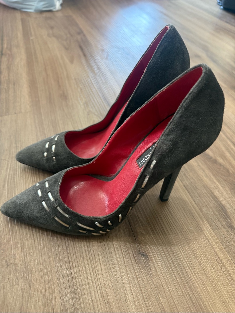 Charles Jourdan Dark Gray Suede Pointed-Toe Stiletto Pumps with Red Lining